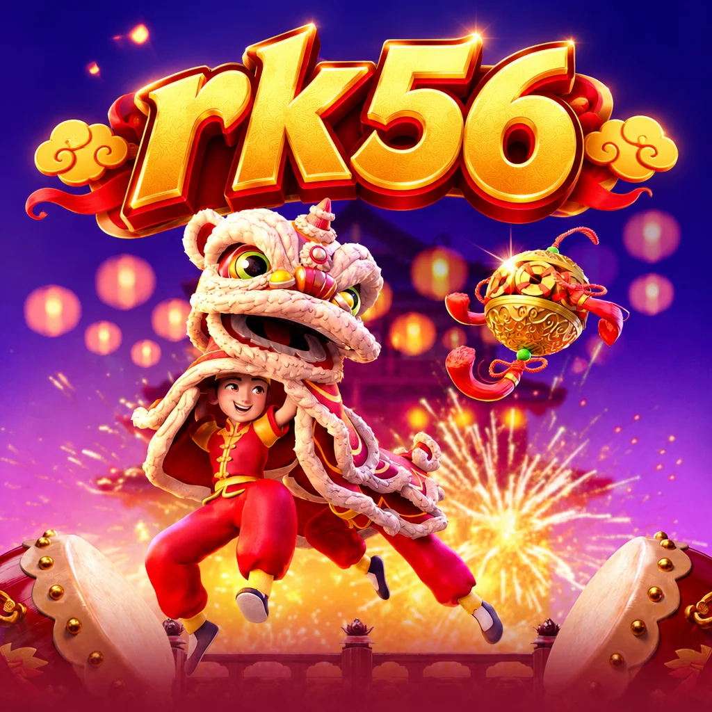 Logo rk56 dengan karakter barongsai meriah bertema Prosperity Lion
